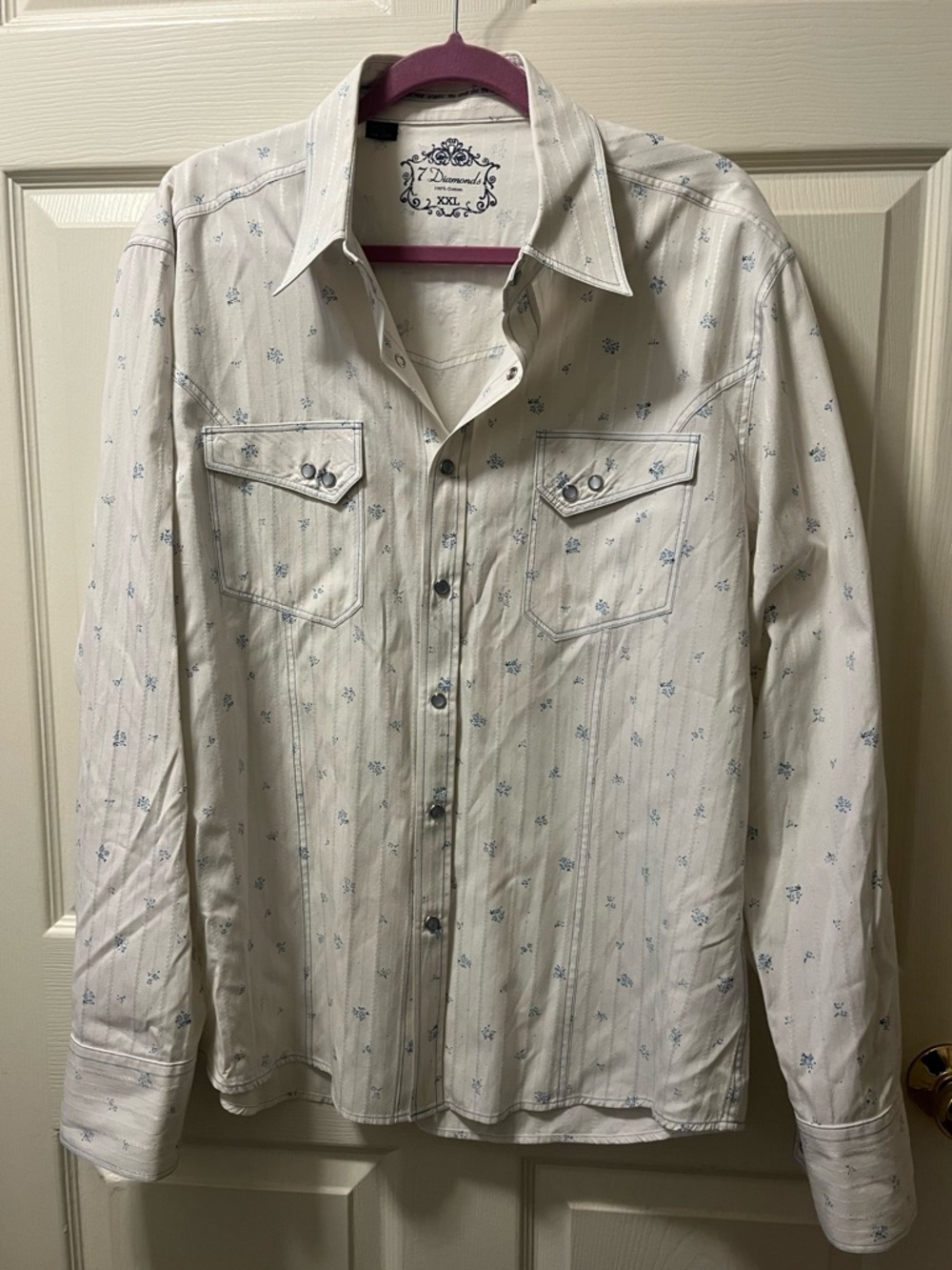 7 Diamonds‎ Men’s White Shirt with Light Blue Micro Print. Embroidered Size XXL